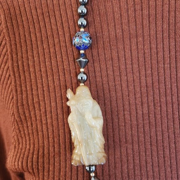 Vintage Hematite, Cloisonné Beaded Necklace with Jade Figurine 33” - Picture 2 of 7